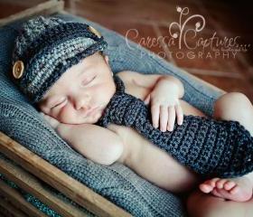 Newborn boy hat and necktie set newsboy hat and crochet necktie photography prop - grey and charcoal