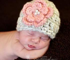 Newborn girl flower beanie in cream and pink