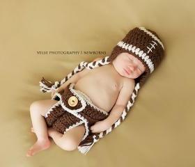 Crochet football hat and diaper cover set in newborn size