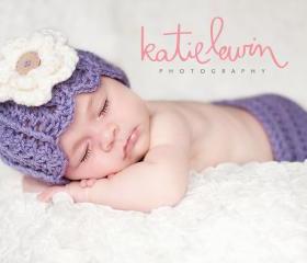 Baby girl purple flower beanie and diaper cover set