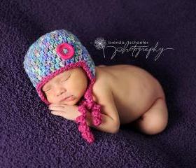 Baby girl earflap hat with button in multicolor and hot pink